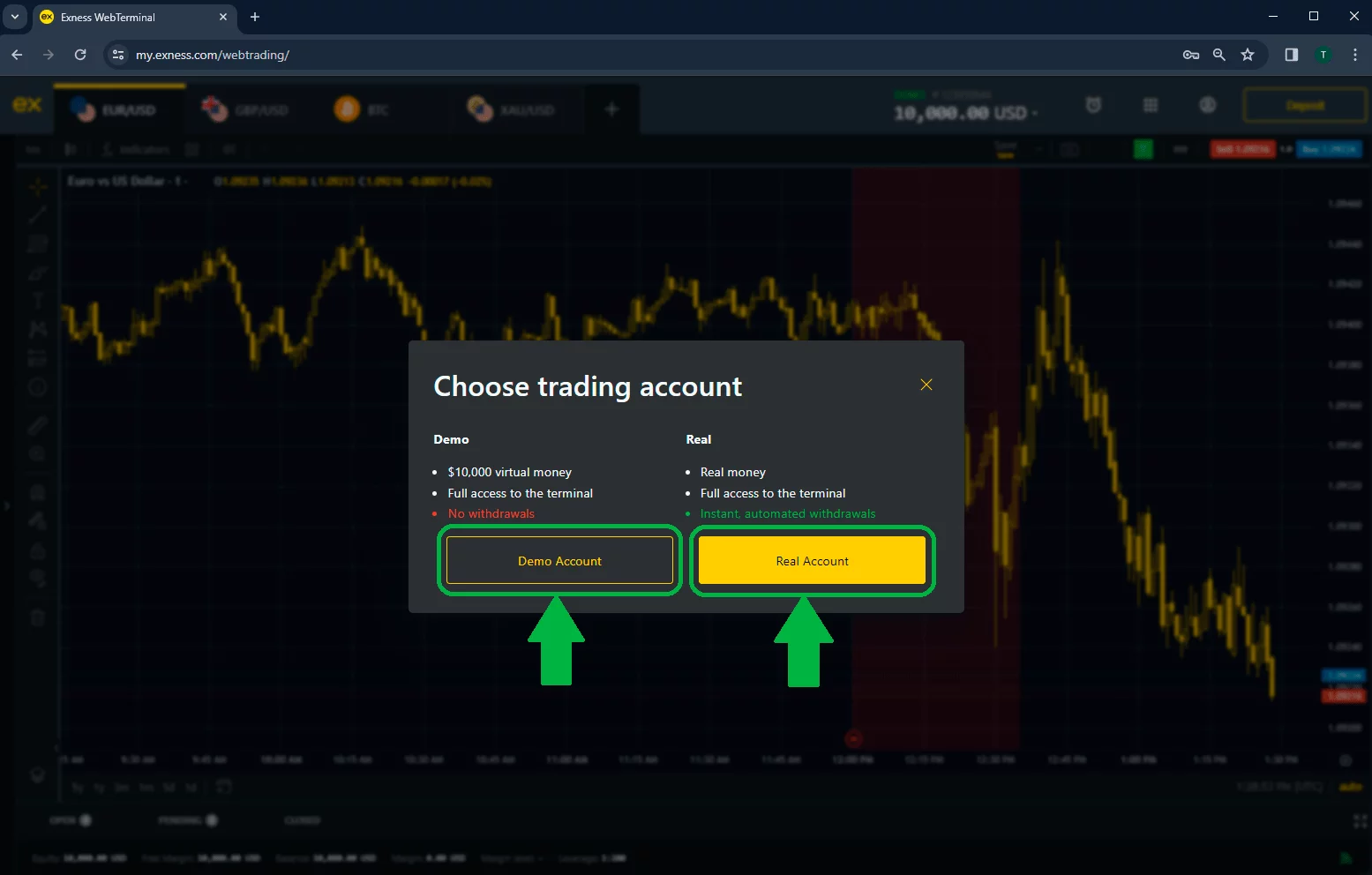 註册后的视窗，可选择 Exness 的示范帐户或实帐户