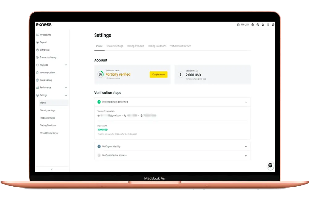 Exness 核实，个人区域带开放个人资料设置